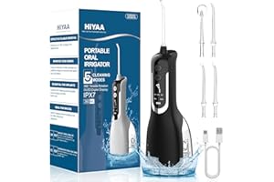HIYAA Water Flosser Cordless Teeth Cleaner with OLED Display, IPX7 Waterproof 360°Rotation Portable Cordless Dental Oral Irrigator 360ML for Deep Clean with 5 Modes 4 Jet Tips for Travel & Home Use - Black