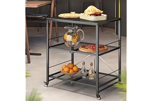 UNIONLINE Foldable Stainless Pizza Oven Table,3-Tier Outdoor Grill Cart Trolley on Wheels, Garden Dining Cart Movable BBQ Stand Black