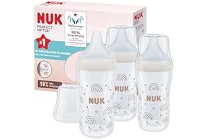 NUK Perfect Match Babyflaschenset | Ab 3 Monate | Passt sich dem Baby an |Temperature Control | Anti-Colic | 260 ml | BPA-frei | Silikontrinksauger, Medium | Regenbogen | 3 Stück