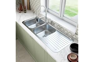 SÄUBER® 1180 x 480mm Stainless Steel Kitchen Sink 2.0 Double Bowl Inset Drop in Installation, Right Hand Drainer, 18/8 Grade Steel Sinks, Free Basket Strainer Waste