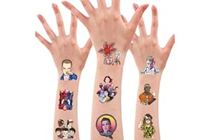 YANGSIW Tatuajes temporales, 8 hojas Stranger serie TV, tatuajes, accesorios de fiesta de cumpleaños, súper lindos, falsos tatuajes, decoraciones de fiesta para niños, niñas y niños