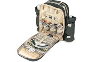 Greenfield Collection 4 Person Super Deluxe Cool Bag Picnic Set Rucksack; Lightweight Picnic Backpack Hamper; Includes Cutlery Set; Perfect Waterproof Backpack for Camping/BBQ/Hiking - Green