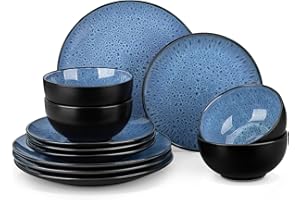 vancasso Bubble Plates and Bowls Sets - 12 Piece Dinnerware Sets Service for 4, Reactive Glaze Stoneware Tableware Set, Microwave, Dishwasher, Oven Safe (Blue)