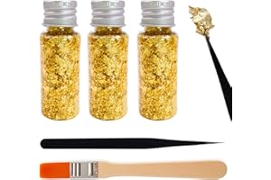 YOWFOND 3 Flaschen Essbare Blattgoldblätter mit Pinzette & Pinsel, Blattgold Flocken Multifunktions-Dekorfolienpapier Goldfolie Papier für Küche, Mousse, Kuchen, Backen, Gebäck, Kunsthandwerk & Dekoration