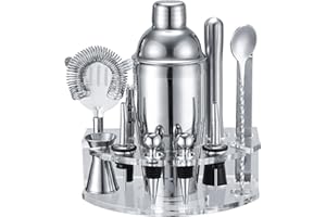 LEBARSTOR Cocktail Shaker Set, Edelstahl Cocktail Set mit 12 teiligem Bar Zubehör, 750ML Shaker Barkeeper Set mit Ständer, Cocktail Maschine Bar Set für Zuhause, Geschenke für Männer Dad Barkeeper (Silber)