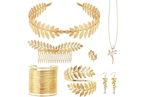 NZZVNZ 7 Stück Griechische Göttin Kostüm Schmuck Set Hochzeit Brautschmuck Oberarmreif Ohrringe Lorbeerkranz Haarspange Armband Goldene Hochzeit Boho Blatt Haar Krone Accessories Mädchen Damen