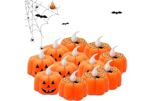 JYPS 12PCS Candele Tealights alla zucca Luci da tè senza fiamma Candele a LED a batteria Lanterne arancioni per decorazioni di Halloween, Bomboniere per feste di Natale (adesivo misto con finestra)