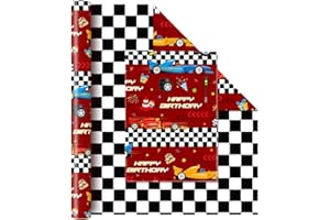 WERNNSAI Race Car Wrapping Paper - 1 Roll 43.2cm x 10m Reversible Racing Cars Wrapping Paper Roll Plaid Jumbo Roll Birthday Wrapping Paper Roll Kids Racing Car Party Favor Gift Wrap Checkered Design