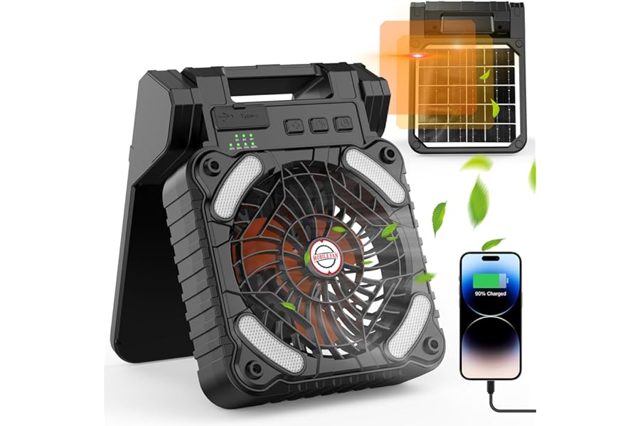 iYeHo Solar-Powered Camping Fan with LED Lantern,10400mAh Rechargeable Battery Operated Portable,Timer,Phone Charging and Eco-Friendly Fan,for Camping,Fishing, Power Outage,Hurricane,Travel