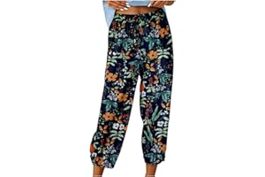 CHNNAMZU Pantalon en Lin Femme Fluide 7/8 Pantalon Taille Elastique Été Ample avec Cordon Décontracté à Jambes Léger Pantalon avec Poches Confortable Respirant Pantacourt Grande Taille