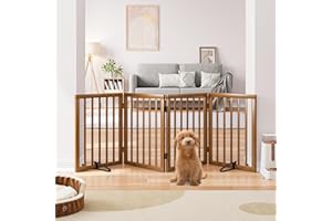 Semiocthome Freestanding Dog Gates and Barriers Indoor Pet Gates for Doorways and Stairs 60cm (H) - 4 Panels Puppy Gate with 2 Metals Stands Adjustable Safety Fence Fit Up to 188cm - Walnut