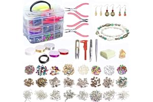 Jolitac Schmuck Basteln Schmuckherstellung Reparatur Zubehör Set, über 1200 Teile mit Perlen, Buchstaben und 3 Schichte Kasten, Halskette Armband Ohrringe Anhänger Kit, Geschenk für Mädchen, Frauen