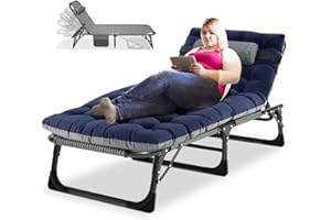 SUNYRISY Folding Sun Lounger for Garden, Garden Recliner with Adjustable Backrest, Cushion, and Headrest, 200KG Support Oversized Camping Bed for Adults Patio Office and Beach, Blue