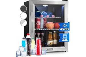 Klarstein Mini Kühlschrank mit Glastür, für Zimmer, Getränkekühlschrank Klein mit Verstellbaren Ablagen, 33 Liter, Indoor/Outdoor Kühlschrank Leise