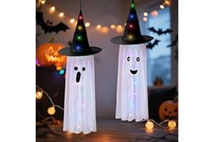ANNISSA Pack of 2 Halloween Windsocks Ghost Hanging Decoration, Ghost Windsock Flag Halloween Decoration Outdoor with LED Light, Ghost Windsocks for Home, Yard, Patio, Lawn, Garden