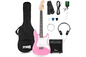 MAX GigKit Junior Guitare Électrique Enfant 3/4 Rose avec Ampli 20W, Housse, Sangle, Câble et Accessoires, Kit Complet Débutant Fille ou Garçon 8 à 12 Ans, Idéale pour Apprendre et s’Amuser