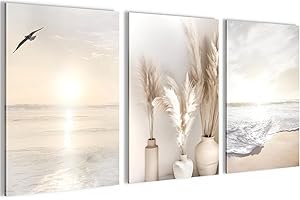 Novart Bilder Set Strand Meer Boho - Kein Extra Rahmen benötigt - Wandbilder für Wohnzimmer Schlafzimmer Flur - 3 Teilig Deko Beige - N029436a