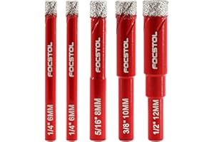 FOCSTOL Juego Brocas Diamante Seco - 5 piezas 6/6/8/10/12mm Broca Corona con Vástago Redondo para Gres Porcelanico Cerámica Granito Mármol Cuarzo