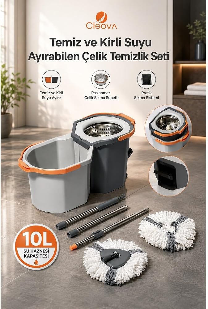 Cleova -Duoclean Temiz ve Kirli Suyu Ayırabilen Çelik Temizlik Seti