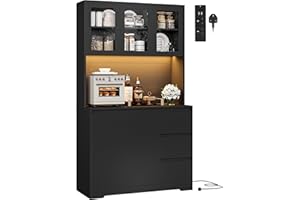 FirFurd Kitchen Cupboard 180cm Tall Cabinet with LED, Power Sockets Kitchen Sideboard Storage Cabinet with Large Countertop, Adjustable Shelves, 3 Drawers 180x100x38.5 cm Black