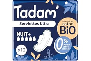 TADAM' - Serviettes Dermo-Sensitives Ultra fine avec ailettes - Flux Nuit + - Coton Bio - Extra Absorbant - Sans substances toxiques - x10