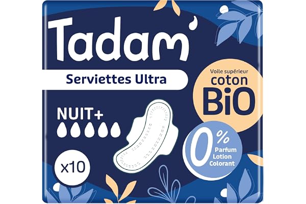 TADAM’ - Serviettes Hygiéniques Dermo-Sensitives - Protections Hygiéniques Femme Ultra Fines avec Ailettes - Flux Normal - Extra Absorbantes - A base de Coton Bio - Confort Nocturne