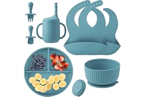 BINSUCA Set Pappa per Bambini Silicone Alimentare,7 Pezzi Set Svezzamento Silicone Piatto con Ventosa Ciotola Cucchiaio Forchetta Bavaglino,Antiscivolo Vassoio Senza BPA Impermeabili Set (Grey)