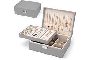 Yarmiene Portagioie Donna,Porta Gioielli da Viaggio con 2 Strati di Portagioie da Viaggio in Pelle PU,Scatole Portagioie Portatile Organizzatore per Riporre Orecchini,Anelli,Collane,Grigio