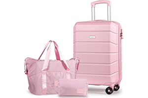 H.yeed Carry-On Hand Suitcase Hard Shell Trolley, Lightweight Travel Cabin Luggage with TSA Lock and Durable 4 Spinner Wheels, 21 inch + Travel Duffels Bag & Toiletry Bag (Pink, 21 Inch Set)