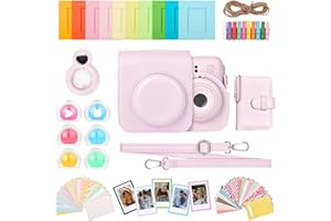 HIYQIN 8 in 1- Camera Case and Accessories Compatible with Fujifilm Instax Mini 12, Mini 12 Case/Photo Album/Photo Frame & Stickers/Lens Filter/Selfie Mirror - Pink