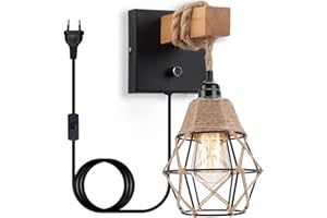 AANYHOH Apliques de Pared Interior, Regulable Lámpara de Pared Vintage con Cable Enchufe e Interruptor, E27 Aplique Pared Madera y Metal Industrial, Luz de pared para Sala de Estar Dormitorio y Pasillo, Negro