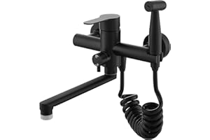 SJQKA Robinet Cuisine Mural Noir,robinet Mural Cuisine Avec Douchette,Acier Inoxydable 304 De Qualité Alimentaire Et 2 Types De Jet D'eau évier Mitigeur Mural Pivotant à 360° Robinetterie (noir)