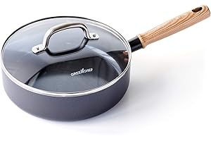 GreenChef Vintage Sauteuse avec Couvercle en Céramique Antiadhésive de 24 cm/3,1 L, Poignée à Apparence en Bois, Sans PFAS, Compatibles avec l'Induction, Va au Four, Va au Lave-Vaisselle, Gris
