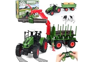 HERMORRYSS Trattore Telecomandato per Bambini 2.4ghz, Trattore Giocattolo con Morsetti per Legname e due Tipi di Rimorchi, Rimorchio Giocattolo, Camion Agricolo Giocattoli, per Ragazzi e Ragazze
