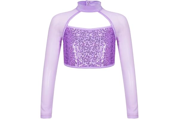 Yeahdor barn flickor crop top långärmad danströja med paljetter glitter balettskjorta långärmad skjorta scenframträdande tävling