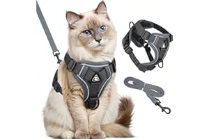 GlasFlength Katzengeschirr mit Leine Ausbruchsicher, Katzenleine mit Geschirr für Katzen Verstellbar Katzen Geschirr Set Cat Harness Softgeschirr für Katze mit Reflektierenden Streifen (Grau-M)