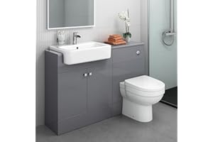 iBathUK Harper 1160 Combination Vanity Unit Furniture Set, Wash Basin Bathroom Sink, WC, BTW Toilet Pan, D Soft Close Seat with Concealed Cistern-Gloss Grey(Flat Pack)
