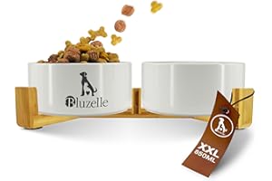 bluzelle Ciotola Cane 2-in-1 XXL, Ciotole Ceramica 850ml con Struttura in bambù, Doppia Ciotola Rialzata per Cani e Gatti, Antiscivolo, Lavabile in Lavastoviglie e Microonde, Colore:Grigio