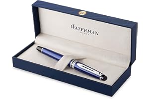 Waterman Expert pluma estilográfica, color azul con adorno cromado, plumín mediano con cartucho de tinta azul, estuche de regalo