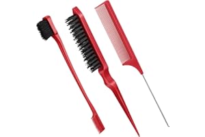 GEISERAILIE Set di 3 Pennelli Stuzzicanti Spazzola per Bordi e Pettine Spazzola per Capelli con Setole Pettine Stuzzicante Pettini a Coda di Topo per Donna (Rosso)