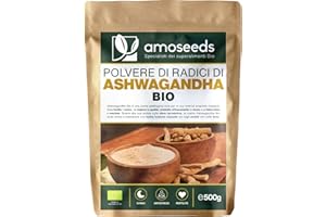 AMOSEEDS Ashwagandha in polvere Bio 500G | Antistress, Sonno, Adattogena | 100% Radici, Ginseng indiano, Qualità Superiore