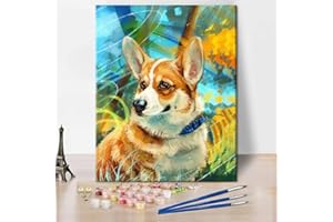 TISHIRON Paint by Numbers Flower Puppy Corgi Modern Dogs Animal Painting for Adults Kids Wall Decor with Paintbrushes Acrylic Pigment for Home Living Room Bedroom Office Wall Decor 16"x20"