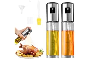 RISVOWO 2 Stück Ölsprüher zum Kochen, 100ml Sprühflasche mit Skala, Edelstahl und Glas Öl Sprühflasche, Ölspray für Heißluftfritteuse, Küchen Gadget, Olivenölsprüher für Grillen Braten BBQ