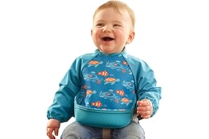 Bibetta Ultrabib - Weaning bib with sleeves - Premium Neoprene for Comfort - Waterproof Baby bibs with Crumb Catcher Pocket for Feeding Toddler & Babies - Roll Up and Machine Washable (Tropical Fish)
