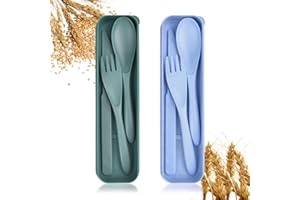 NOEWMUB Travel Utensils with Case, Reusable Plastic Cutlery, Travel Cutlery Set, Flatware Set for Travel Work School Picnic Camping or Daily Use (Blue, Green)