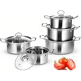 Induction Cookware Set, 10 Pieces, Stainless Steel Cookware Set with Glass Lids and Saucepan, Suitable for All Types of Cooke