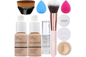 HILARECO PHOERA Fond de Teint Couvrant Et Face Primer Liquide Couverture Complète Foundation Correcteur,PHOERA Poudres,Pinceaux Fond de Teint Et Pinceau Poudre