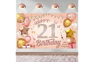DSLIHA Happy 21st Birthday Banner Rose Gold Birthday Party Decoration Backdrop, 21st Birthday Poster Fabric Banner Photography Background for Girls Women, 110 x 180 cm (21st)