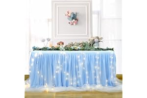 HBBMAGIC Baby Blau Tüll Tischrock Mit Licht, 2-Langer 427cm Lang Blau Rüschen Tulle Tischröcke, Waschbarer Tutu Tischrock für Hochzeit Party Geburtstag Babydusche Kuchen Dessert Taufe Tisch