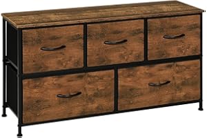 WOLTU Chest of Drawers, 5 Fabric Drawers Storage Unit, Wooden Sideboard Storage Cabinet Industrial Bedroom Drawers with Handles, Metal Frame, Rustic Brown, 100x30x54cm, SSK005hov